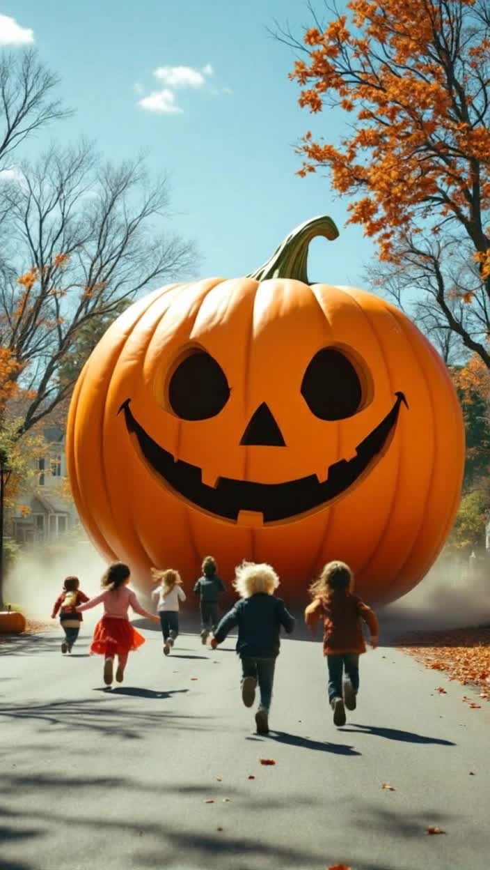The giant great pumpkin chases the children down the street 