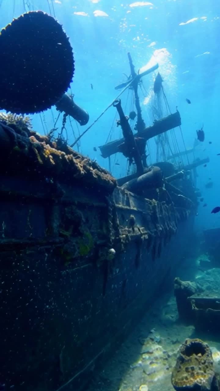 Eerie ghostly remnants of an ancient pirate treasure frigate submerged in turquoise depths Shimmering sunlight filtering through murky water illuminating rusted cannons and decaying sails as curious fish dart around Cracked wooden hull entwined with vibrant coral and swaying seaweed creating an enchanting yet haunting atmosphere Bubbles rising slowly to surface as shadows dance across the wreckage revealing glimmers of longlost jewels hidden in darkness A sense of mystery and adventure enveloping the scene as the ghostly whispers of maritime legends echo through the depths