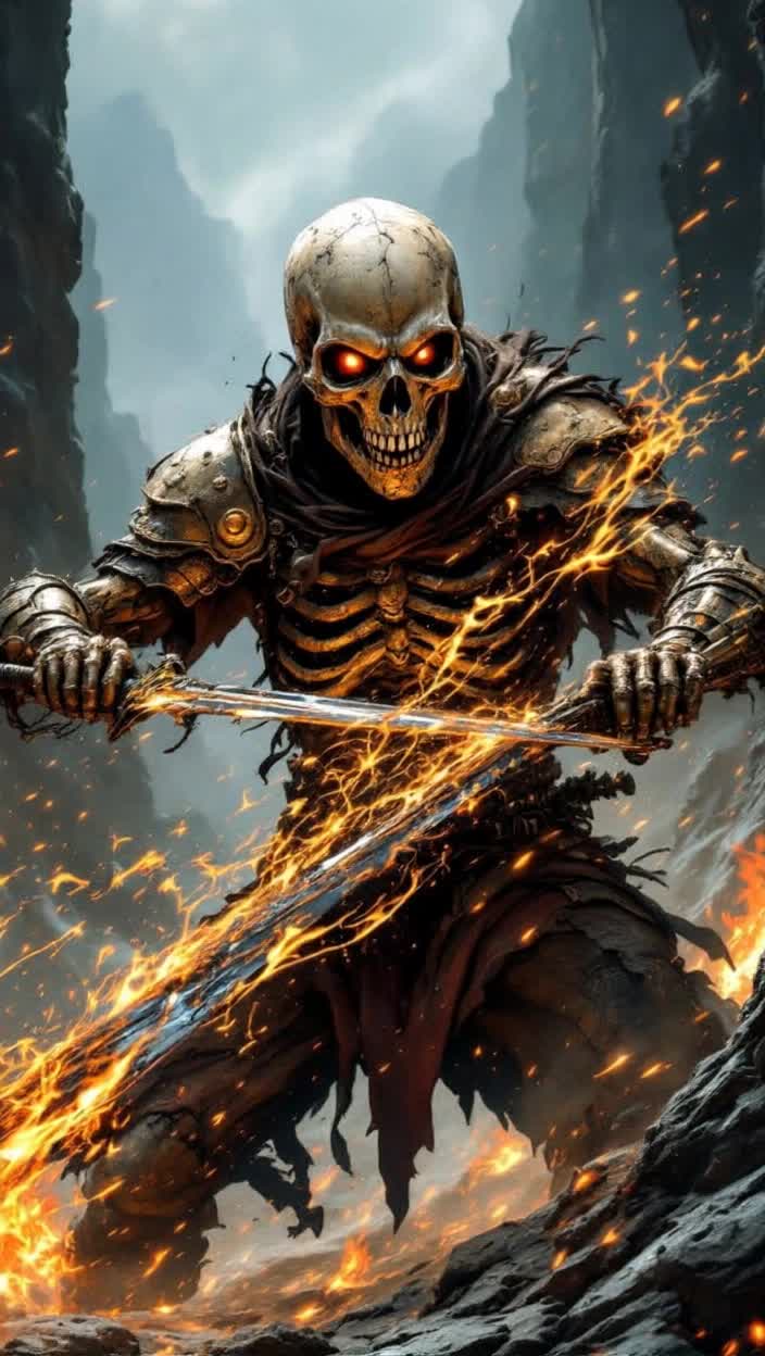 Weathered golden fierce and dreadful skull howls  as the skeleton brandishing a rusted pirate sword ,  with metallic black smokey aura,  engaging in fierce combat with wild swings of its blade against an unseen foe ominously situated within dark jagged rocky canyons of Mordor, sword is swung hard making contact as glowing sparks fly outward from swirling flames illuminating fierce determination in its hollow eye sockets dynamic motions with embers dancing in the air tension filled atmosphere creating a high stakes battle amidst barren landscapes cinematic resolution capturing epic swordfighting choreography enveloped in a SciFi adventure steeped in thrilling dark fantasy elements This skeleton really moves fast