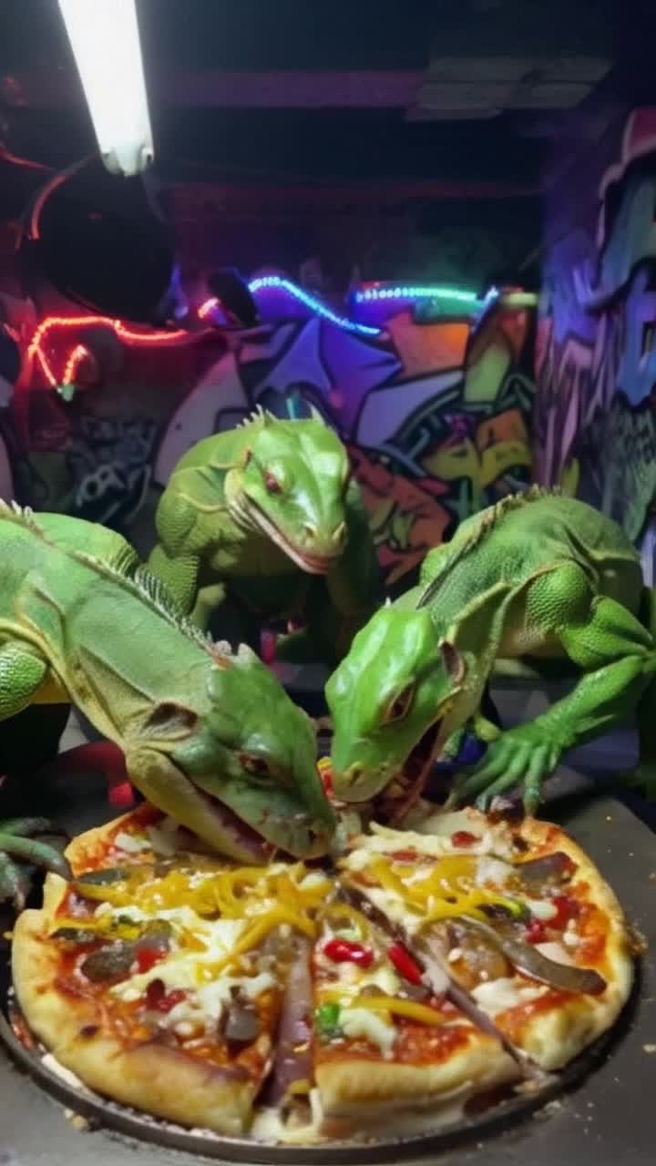 Teenage mutant ninja lizards with vibrant green scales who laugh and chat endlessly Gather around oversized steaming pizza covered with rat tails legs colorful confetti spicy cobra tongues yellow spiders Slice into gooey cheesy goodness filling the air with strange aromas Brightly lit underground lair adorned with graffiti art and flickering neon lights Amidst the sounds of playful banter and sizzling crust emanating from the oven