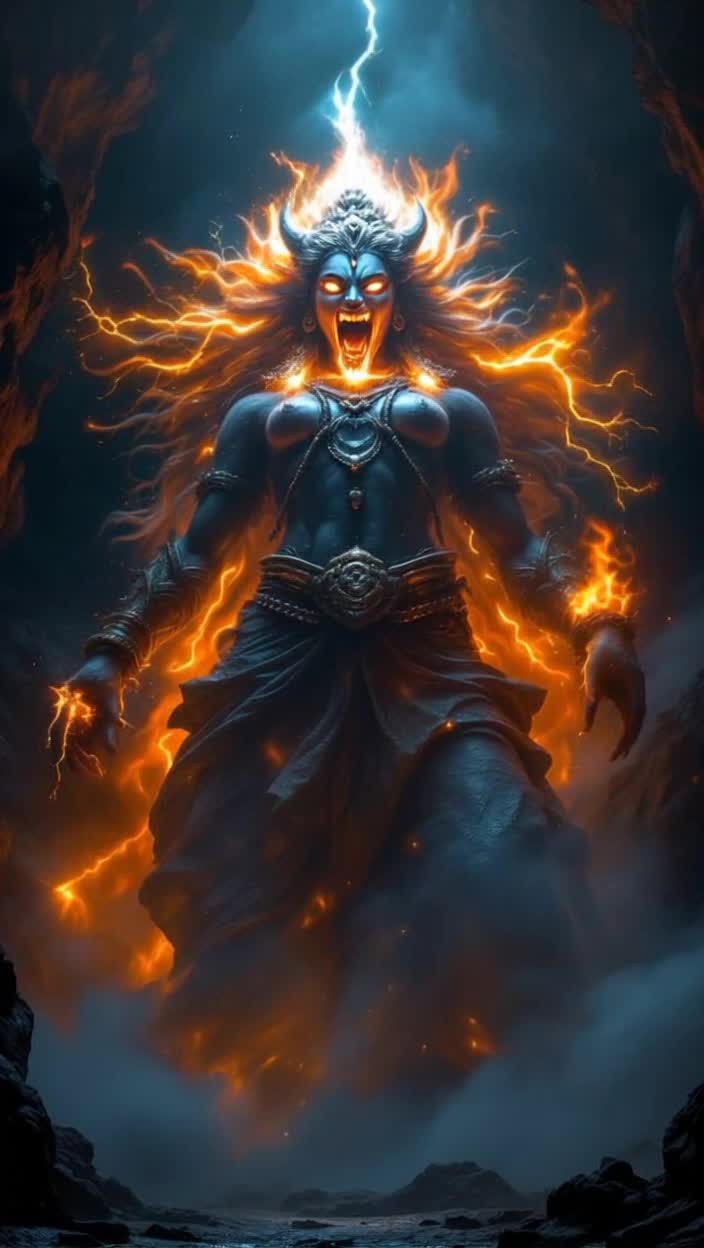 Maa Kaalratri statue towering with fierce grace glowing eyes radiating flames Action awakens with a thunderous roar flames erupting from open tongue lightning dancing in wild hair Background dark cave shrouded in shadows filled with echoes of howling wind chaos outside as an army of demons led by Raktabeej circles menacingly Intent on breaching sacred space contrasting serene statue within Action emerges with fierce laughter shaking earth battling against demonic army vanquishing terror with every powerful strike Lightning illuminating the scene Background shifting from chaos to calm as darkness fades revealing a tranquil light symbolizing strength nurturing peace