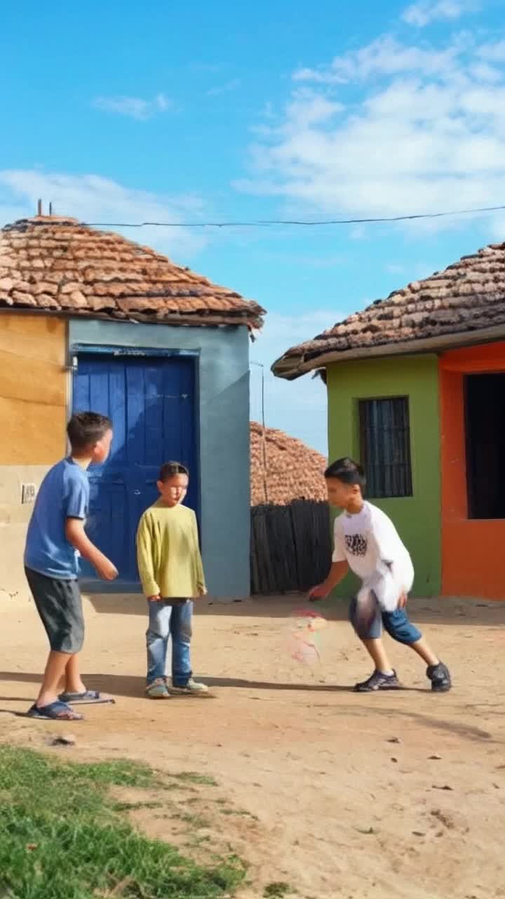 Colorful neighborhood kids Quico Chavo standing near vibrant houses Jumping with excitement Quico showcases his shiny new ball Text on screen When Quico boasts about his ball for the umpteenth time Quico voice Look Chavo my ball is prettier than your ham sandwich Chavo voice Thats not something to say dummy Chavo attempts to kick the ball Quico pushes him Text Thus began the war Dramatic effects reminiscent of Dragon Ball Both characters launch in slow motion fists flying Escalating tension Scene shifts Don Ramn enters with a flying sandal Text Don Ramn stops the fight Don Ramn voice Quiet down you rascals Cut to all characters frozen with terrified expressions