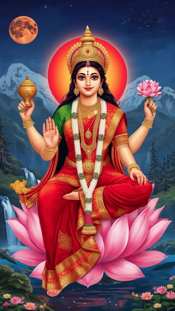Make cinematic style video as goddess Lakshmi smiling gently, hairs swaying, moving hands gently, flower moving, create video with cinematic style Camera movements 