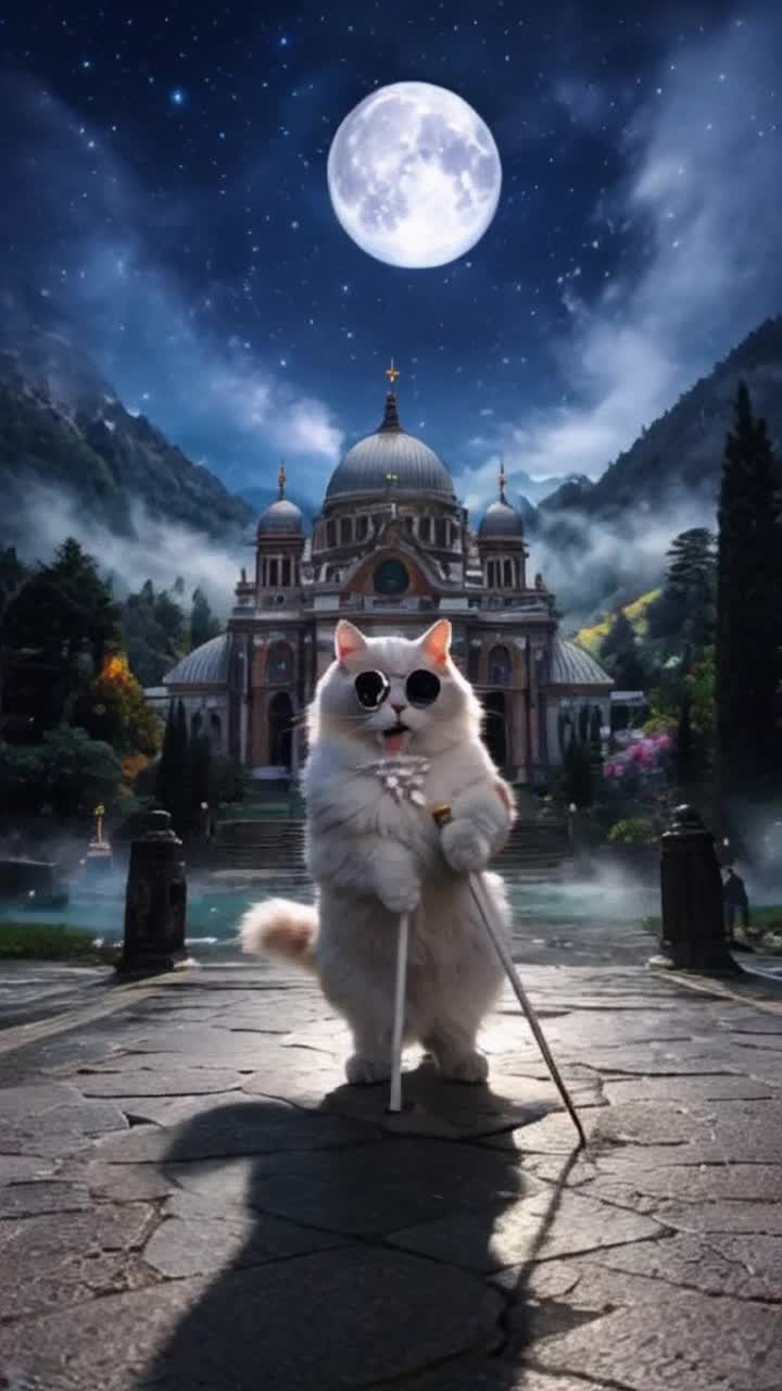 Charming feline adorned in round sunglasses refined attire wielding a white cane stands proudly at an enchanting crossroads Twinkling stars surround this whimsical scene illuminated by radiant moonlight casting ethereal shadows across the ground Vibrant colors shimmer revealing intricate details of the Basilica and lush landscapes beyond Misty clouds linger adding an air of mystery to this fantasy realm Masterfully crafted in breathtaking 8k resolution capturing every texture and nuance with artful precision A celebration of creativity blending bright hues and magical elements forming a masterpiece that transports viewers into a dreamlike adventure