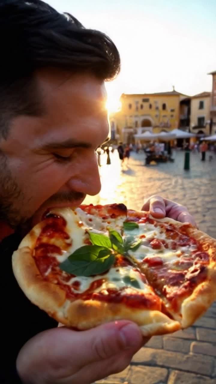 Ronaldo savoring a delicious slice of gooey cheese pizza topped with vibrant toppings Warm summer evening glowing sunset casting golden light over a lively Italian piazza filled with cheerful locals and the aroma of fresh basil wafting through the air 