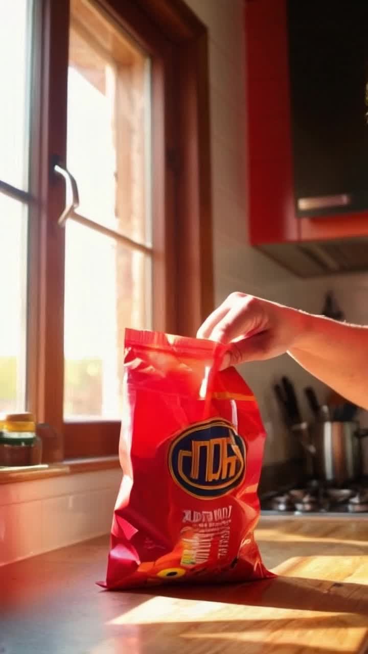 Individual with vibrant hair reaching toward a bag of fiery red Takis excitedly ripping open the packaging grabbing a handful of spicy chips savoring the crunch Cozy kitchen filled with warm sunlight streaming through the window colorful decor illuminating playful shadows on the countertop