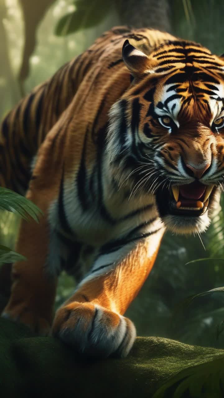 It must walk like humans and have 6pack Fierce tiger muscular and majestic prowling through vibrant jungle depths showcasing strength and agility  Powerful leaps and dynamic stretches illustrating raw energy and determination  Lush greenery rich with colorful flora and dappled sunlight filtering through thick canopies creating an invigorating atmosphere