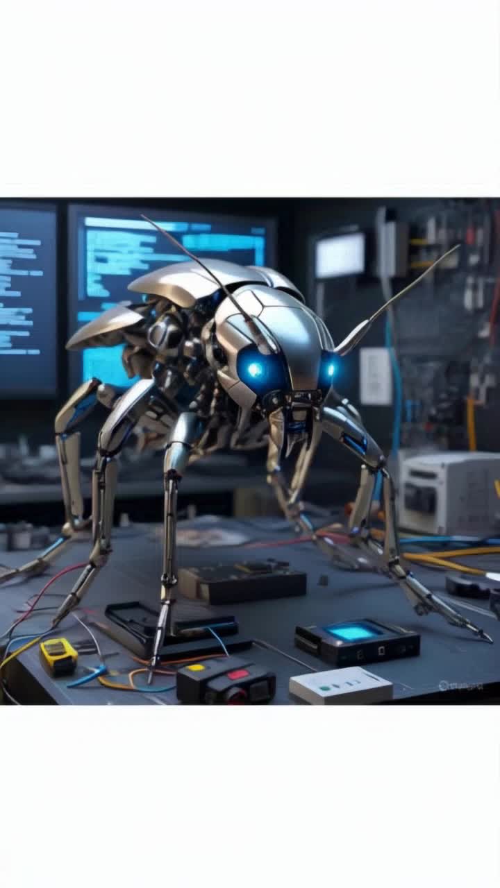 ROBOT INSECT RUNS TOWARDS THE SCREEN following this a large number of insects with light up eyes runs towards us 