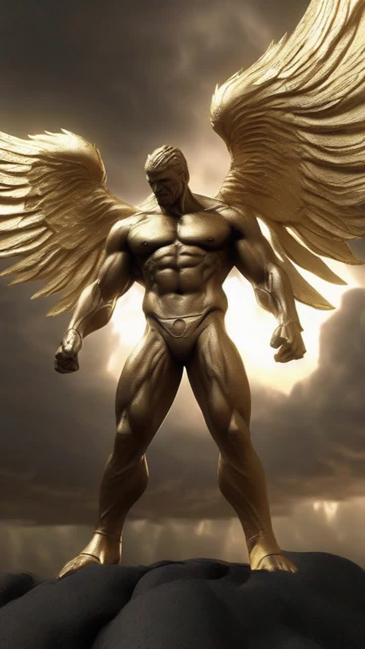 Mighty angel of destruction towering figure with chiseled muscles shimmering radiantly charging forward with intense fury celestial energy crackling violently at fingertips illuminating the darkened skies storm clouds swirling ominously around him thunderous roars echoing through the atmosphere as he strides creating fissures in the earth beneath his powerful steps golden light piercing through the darkness revealing remnants of chaos sparked by his presence majestic wings unfurling in dynamic motion casting shadows that dance across a desolate landscape