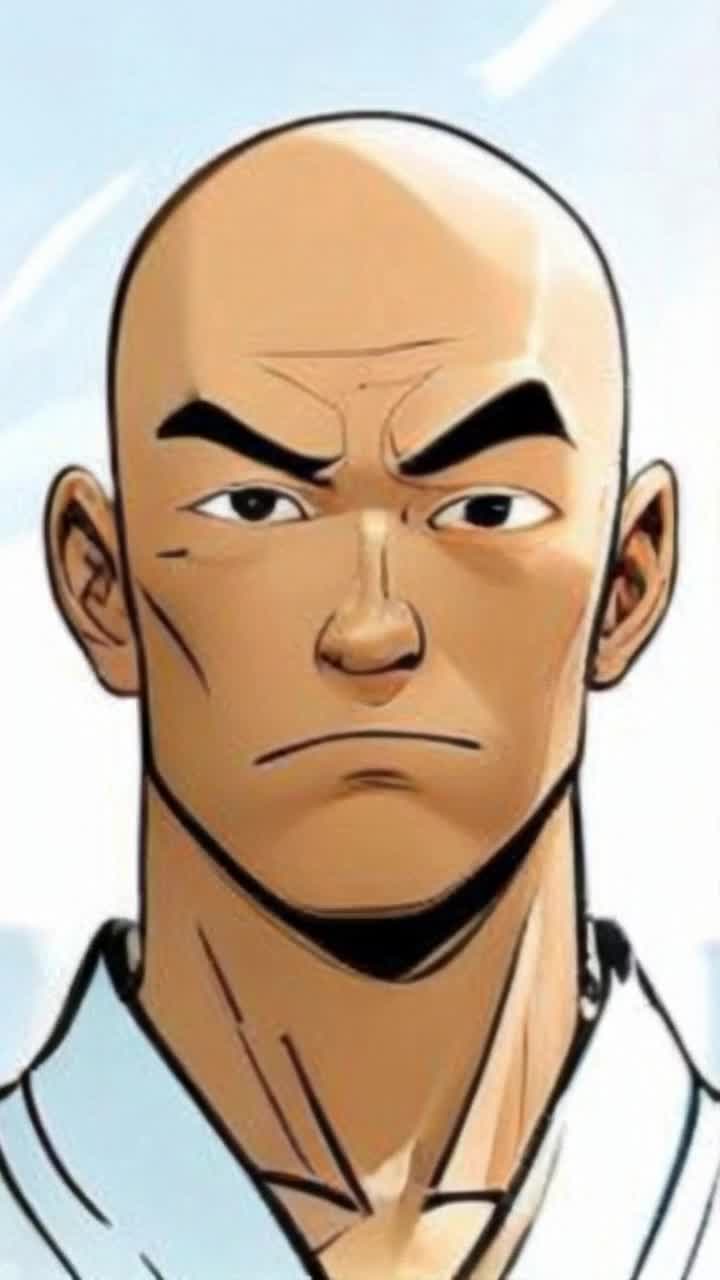 Cartoon comic bald Asian man speaking sarcastically wearing white karate outfit in the middle of comic city streets