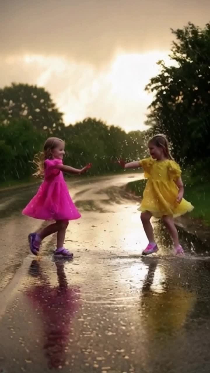 Two little girls in colorful frocks dancing joyfully under a gentle light rain Raindrops gracefully splashing on a glistening wet road as they twirl with delight Camera gliding smoothly from left to right capturing golden hues of sunlight blending harmoniously with cool shades of raindrenched surroundings Lush greenery surrounding the scene with droplets clinging to petals and leaves creating a whimsical atmosphere filled with laughter and wonder