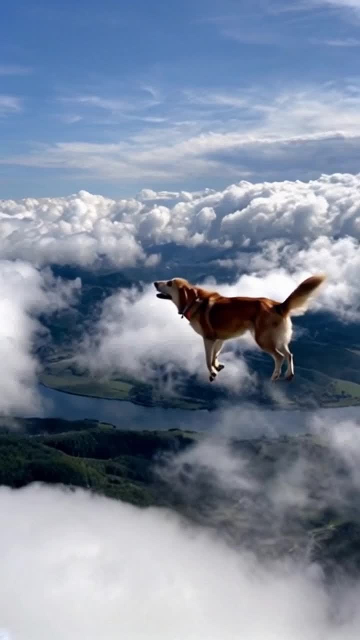 Playful golden retriever soaring gracefully through vibrant blue sky gliding effortlessly between fluffy white clouds maneuvering with boundless joy surrounded by a breathtaking landscape of rolling green hills and twinkling rivers far below sun glimmering off his glossy fur as he barks happily into the open air wings flapping with excitement adventurous spirit radiating pure bliss