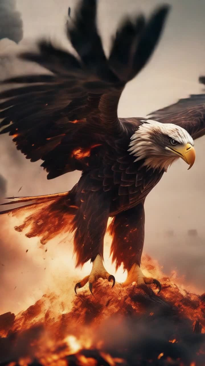 The eagle flies through the burning inferno in the apocalypse with explosions and fog 