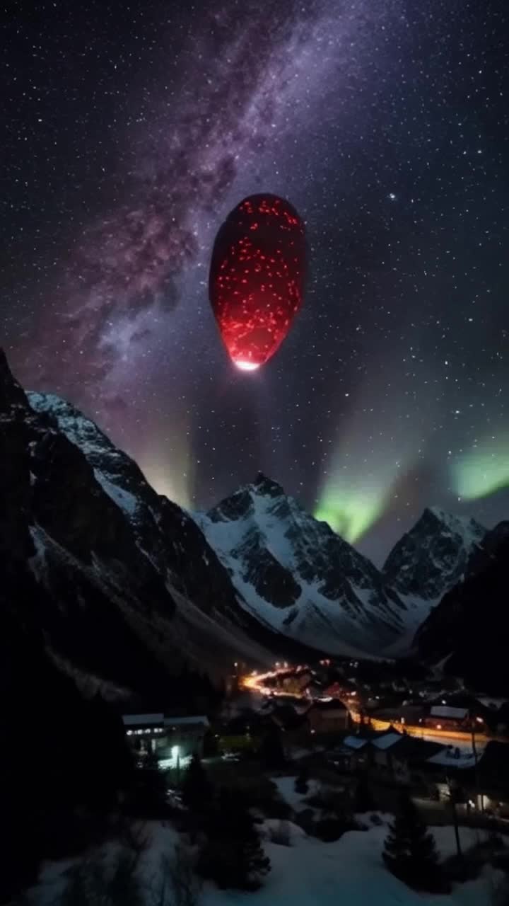 Scifi horror theme vast night sky shimmering with bright constellations flash of light enormous metallic eggshaped spacecraft hovering silently above rugged mountain peaks crimson glow beams intensely scanning down the jagged mountain cliffs in distance illuminating quaint town nestled in the valley deep echo as townsfolk gaze upwards in awe streetlights flickering off in response to shockwave phenomenon bending shadows against the backdrop of auroras a sense of cosmic horror with unease as the ship fades invisible in night sky and the spacecraft hovers eerily still above the small towns lights as if a cloud in the night sky