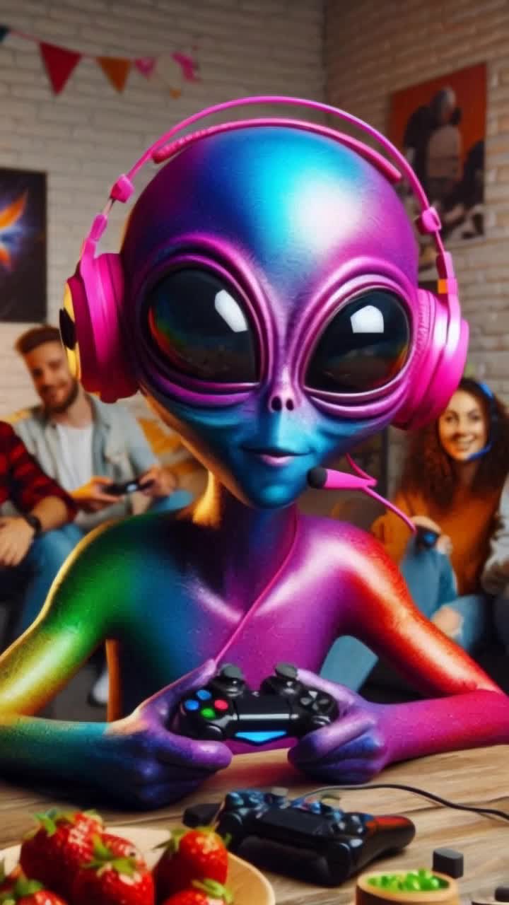 The bulbous eyed purple alien enthusiastically uses a joystick to play a video game, on the couch behind him his friends watch and cheer him on