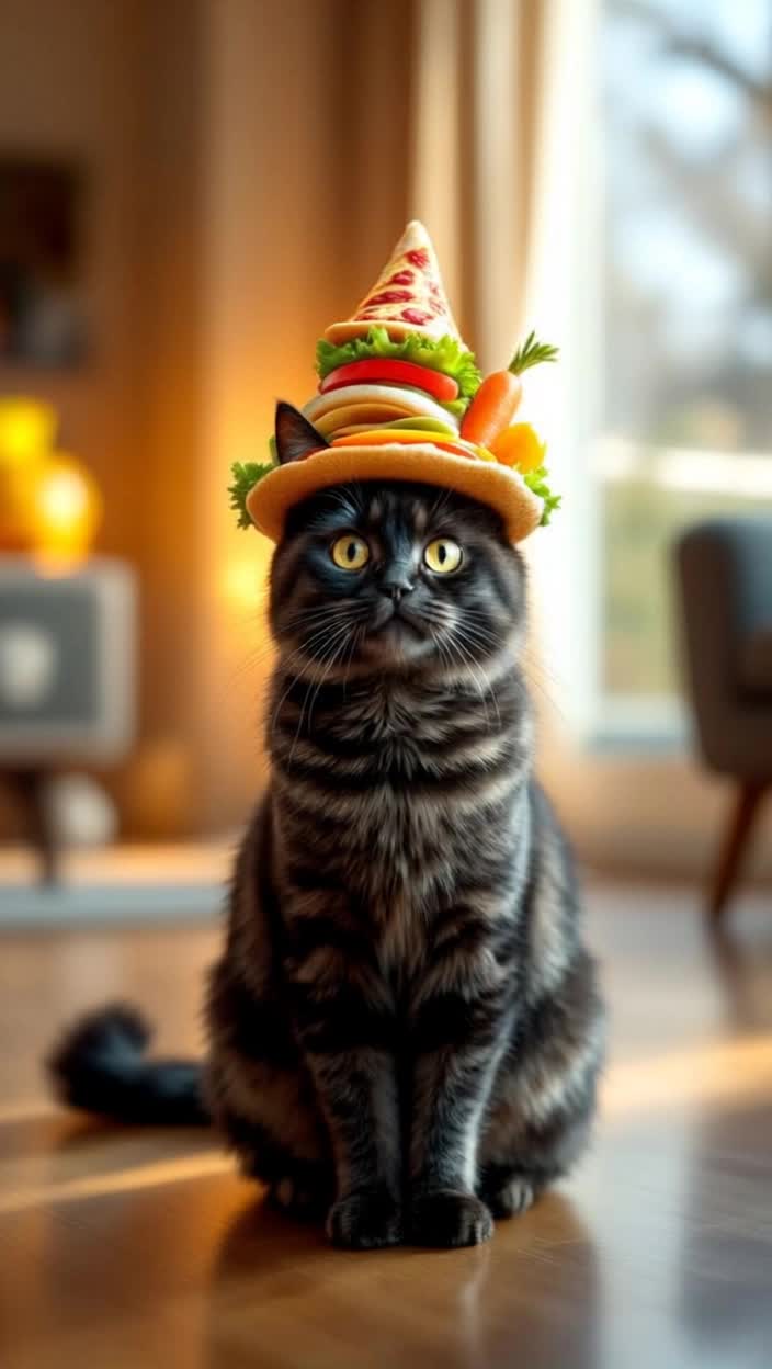 A cat wearing a hat made of food