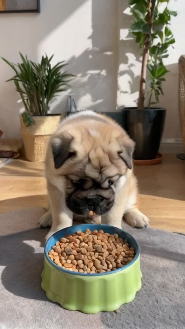 Charming Shar Pei puppy furry bundle of wrinkles joyfully devouring a colorful bowl of kibble with eager enthusiasm gentle jingle of a collar enhancing playful energy bright sunlight streaming through an open kitchen window illuminating cheerful decor and vibrant houseplants surrounding the scene curious eyes watching from nearby cozy dog bed inviting warmth and comfort