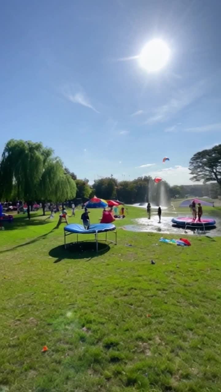 Children laughing joyfully bouncing on colorful inflatable trampolines vibrant kites soaring high in a bright blue sky a group of friends engaging in a playful water balloon fight splashes of water glistening in the sun lush green park filled with blooming flowers trees swaying gently in the breeze warm sunlight casting playful shadows on the grass families enjoying picnics cheerful music playing in the background creating an atmosphere of happiness and excitement