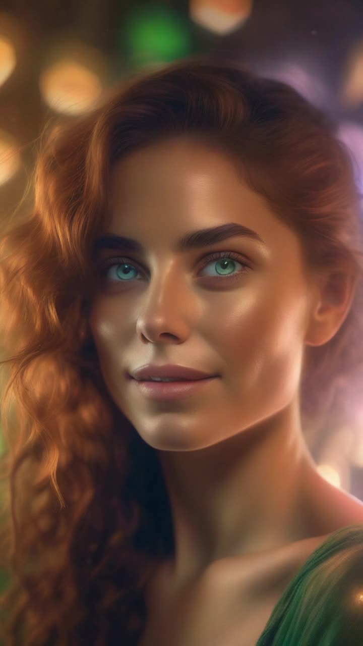 Vivid lifelike portrait of a woman with sparkling green eyes and cascading chestnut hair showcasing intricate facial features capturing her essence radiating warmth and confidence gently smiling  Bright soft lighting illuminating her face casting subtle shadows enhancing texture in a cozy studio adorned with artistic brushes and canvases hinting at creativity in the air with hints of vibrant colors reflecting on surrounding walls