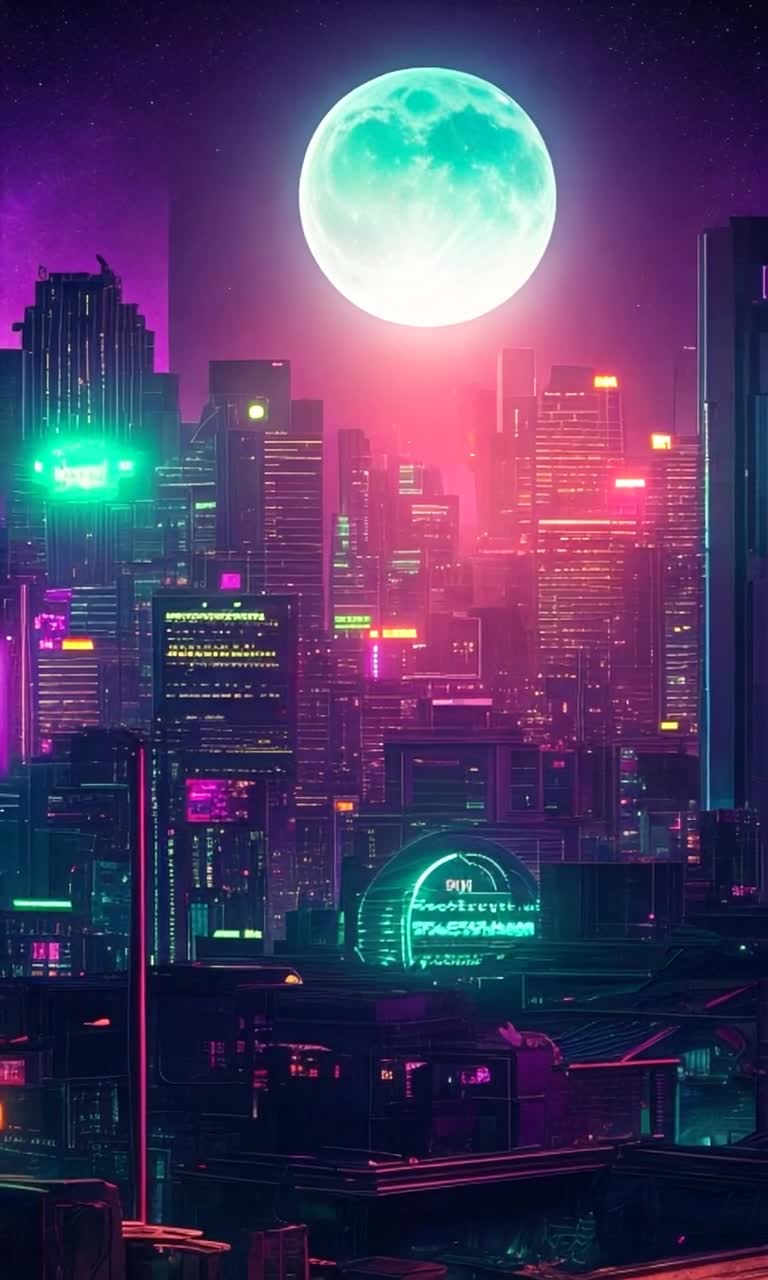 Glowing neon moon floats gracefully among fluffy pastel clouds above a sprawling cyberpunk cityscape teeming with vivid hues and towering skyscrapers radiating energy Sleek ship soars smoothly through the twilight sky trailing streams of shimmering plasma embarking on an epic journey across an electric metropolis Below vibrant streets buzz with holographic ads and diverse crowds reveling in the brilliance of a hightech utopia while playful shadows flicker between pulsing lights creating an atmosphere filled with mystery and wonder