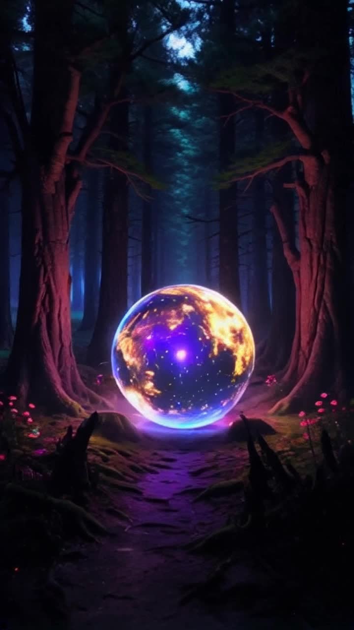 Mysterious glowing orb pulsating with vibrant colors swirling ethereal mist around it gently floating through the air Enchanted forest filled with ancient trees illuminated by soft moonlight shadows dancing across the forest floor vibrant flowers glowing in twilight