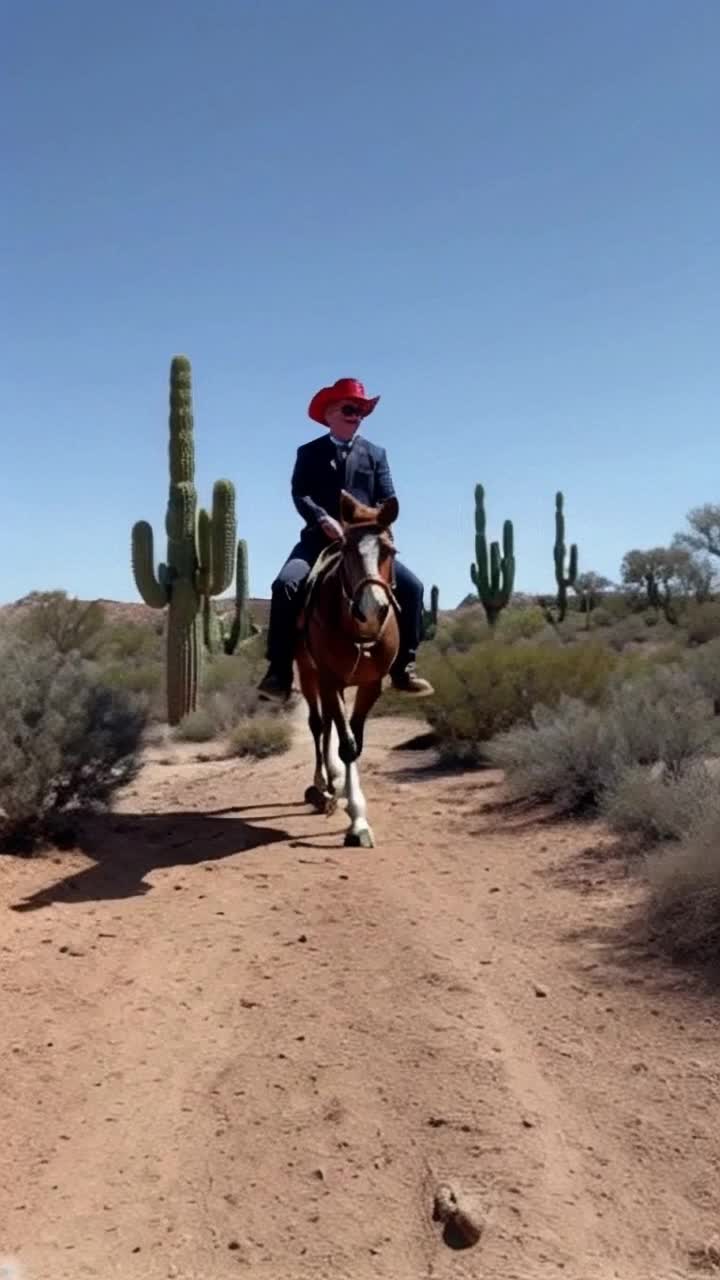 A clown in a cowboy costume riding a wooden toy horse, moving through the desert among cacti Hyperdetailed, visually appealing and emotionally psychodynamic image