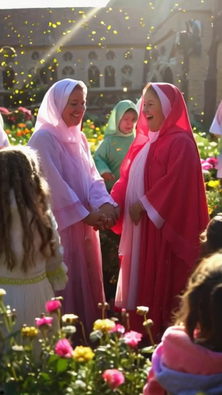 Damien Jade holding hands with Arianna Jasmine playful smiles on their faces surrounded by joyful nuns with vibrant robes twirling in a circle chanting love Happy Baby laughter echoes bright sunlight streaming through serene gardens blooming flowers vibrant colors swirling around creating a whimsical atmosphere where joy reigns supreme forever shimmering golden sparkles dance in the air magical moments captured timelessly inviting warmth and happiness enveloping everyone present