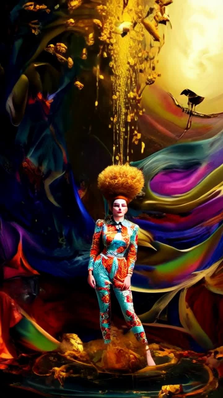 1960s fashion icon vibrant in mod attire towering beehive hairdo alive with buzzing honey bees nesting floating around her golden droplets of honey oozing from intricate honeycomb structure cascading down curls surreal dreamlike atmosphere rich colors swirling enveloping scene creating enchanting visual feast