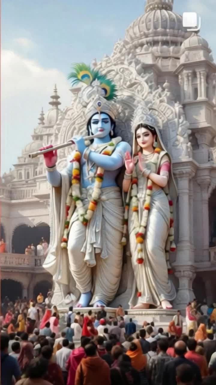 Goddess Radha Rani, Lord Shri Krishna is playing the flute Crores of men, women, old and children are dancing and singing to the tune of the flute of Lord Shri Radha Rani and Shri Krishna It is a very beautiful sight It is a very beautiful sight Crores of people are performing aarti of Goddess Radha Rani, Lord Shri Krishna Goddess Radha Rani and Lord Shri Krishna are blessing all their devotees