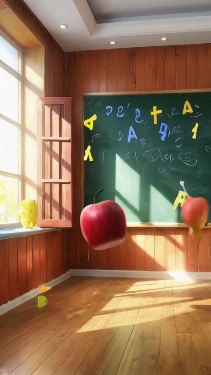 Vibrant fruit characters Apple and Banana joyfully bounce around captivating children Spellbound kids with wide eyes cheerfully interact Animated classroom filled with colorful letters floating in the air Brightly colored chalkboard adorned with playful drawings of each letter A to D Sunny window allowing light to flood in creating a warm inviting atmosphere Lively music playing in the background enhancing the cheerful mood
