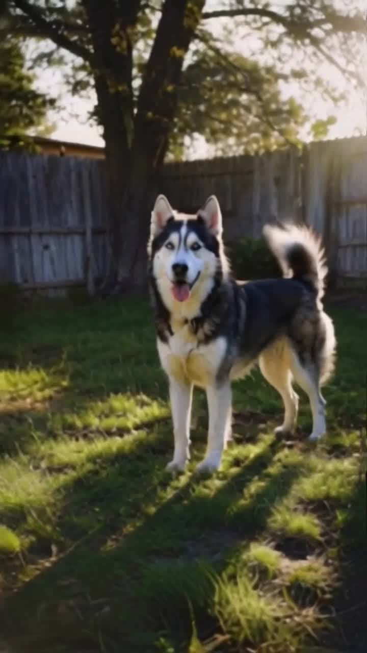 Husky with striking blue eyes fur bristling in excitement leaps and bounds across a sunlit field as vibrant wildflowers sway nearby Energetic movements convey determination pouncing on a sturdy stick like a fierce warrior on a quest Clear skies overhead create a playful atmosphere while distant mountains loom majestically in the background Sound of rustling grass heightens excitement as narrators voice echoes with pride highlighting bravery and loyalty of this spirited canine hero ready to defend his realm Bursts of slow motion capture each dramatic moment showcasing husky athletic grace against a backdrop of adventure filled wilderness
