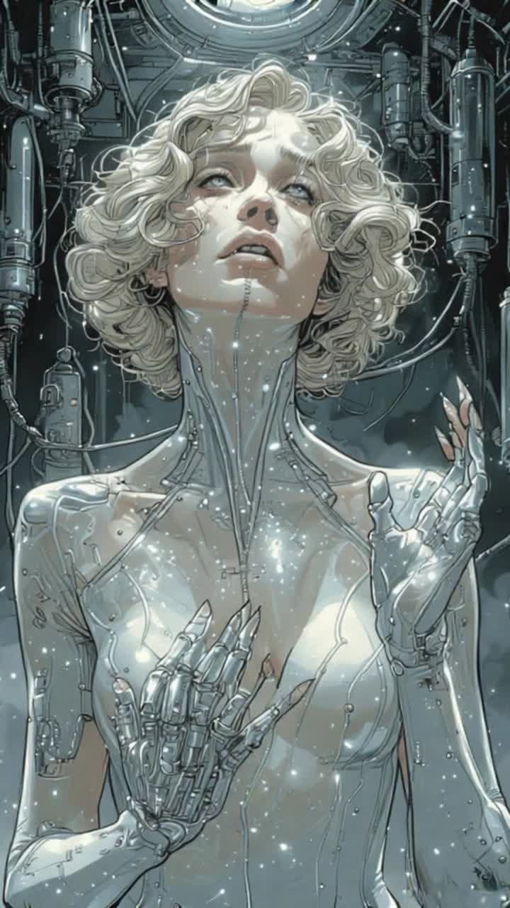 A pale, cybernetic woman begins to sing a sorrowful melody in a dark, steamfilled lab Her hollow eyes shimmer with grief Metallic seams line her incomplete face Her 1920s fingerwave hair glints under flickering cold lights, tucked beneath a sleek carbonfiber headdress Her sharp, chrome hands slowly reach into the airgesturing in pain, grasping as if mourning something lost Her elegant gown, glowing with embedded circuitry, ripples faintly as she sways Behind her, cryogenic tubes hum softly, casting eerie reflections through the mist The scene is somber, graceful, and haunting