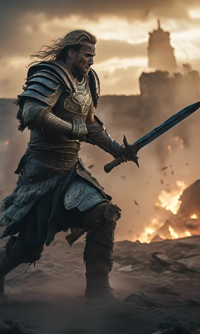 Heroic warrior clad in battered armor lunges forward brandishing a gleaming sword echoing a powerful battle cry reverberating through misty twilight of a chaotic battlefield crumbling ancient ruins surround flickering torches casting haunting shadows where fleeting figures of courage stand firm heartbeats pounding against backdrop of rising tension and impending doom swirling clouds of dust and chaos enveloping scene