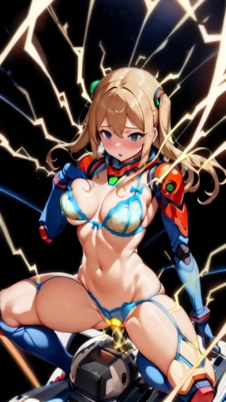 Radiant woman with flowing hair perched atop a shimmering satellite crackling with energy Electric jolts dance wildly around her body causing her to twitch and bounce gracefully Radiant stars twinkle in the vast black expanse of space while cosmic clouds swirl in vibrant hues creating a surreal backdrop