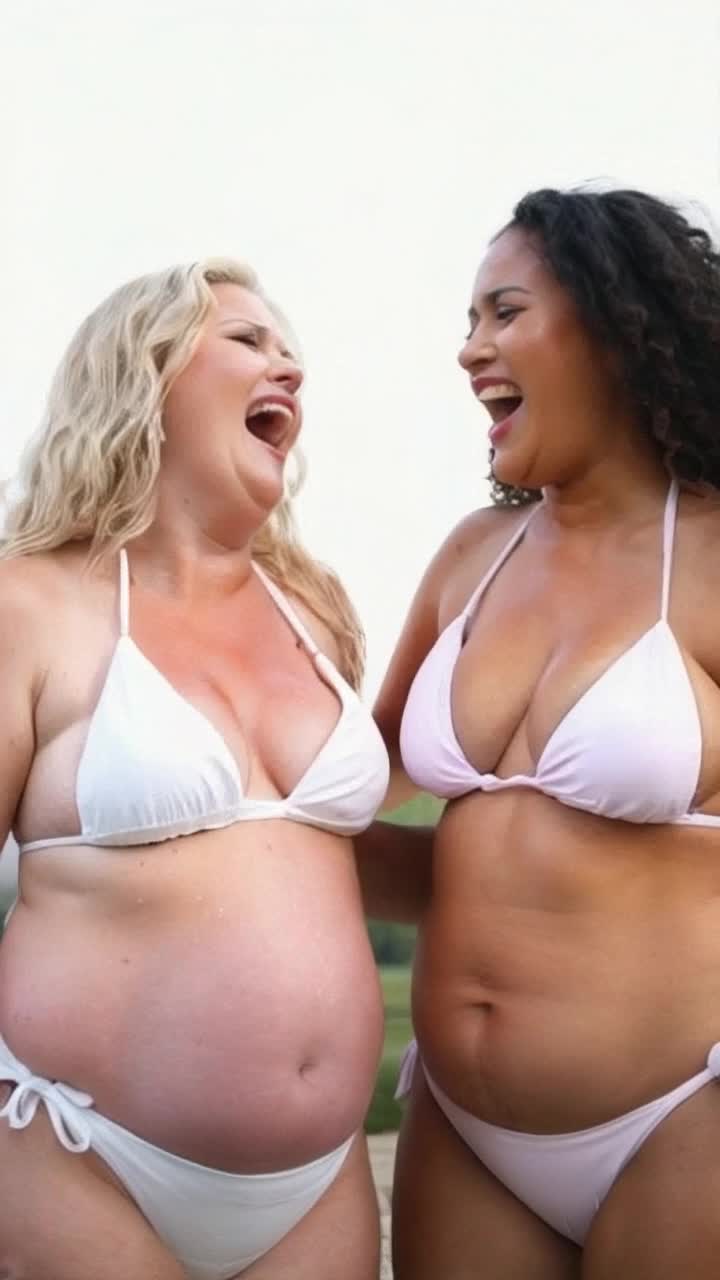  Two curvier volluptchus white women pressing their big natural jugggzzz against each others drooling and slobbering and screaming and crying and no shirts on and their huge melons are falling out of their bikinis and they are drooling and dripping with milk