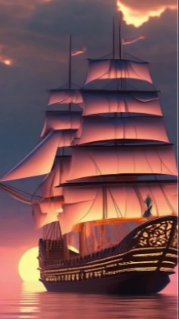 Photorealistic ship at Port in a Sandy beached palm tree bay in the shadow of a fortress palace with roadways from front , rear and side entrances, gardens and floral trees blend into maples, pine and oaks  Some parrots fly by