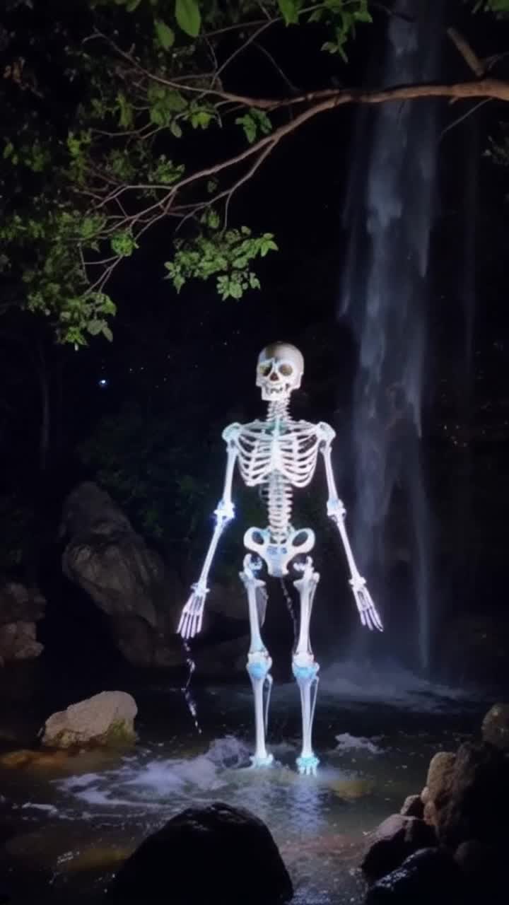 Skeleton figure illuminated under moonlit cascade glimmers through leafy branches Flourishing echo flowers sway gently on a whispering breeze Bones rattle softly hearts pulse true flowing rhythm of water guides back to you Heartfelt serenade intertwines souls even in tranquil silence your voice resonates Stars twinkle brightly spelling your name in endless sky Simple grin beams joy when close calm envelops heart Waterfalls crashing create melody of devotion Stillness amplifies connection while distance fades away Fastpaced character darts through vibrant landscape traces of chalk dust drifting in wake