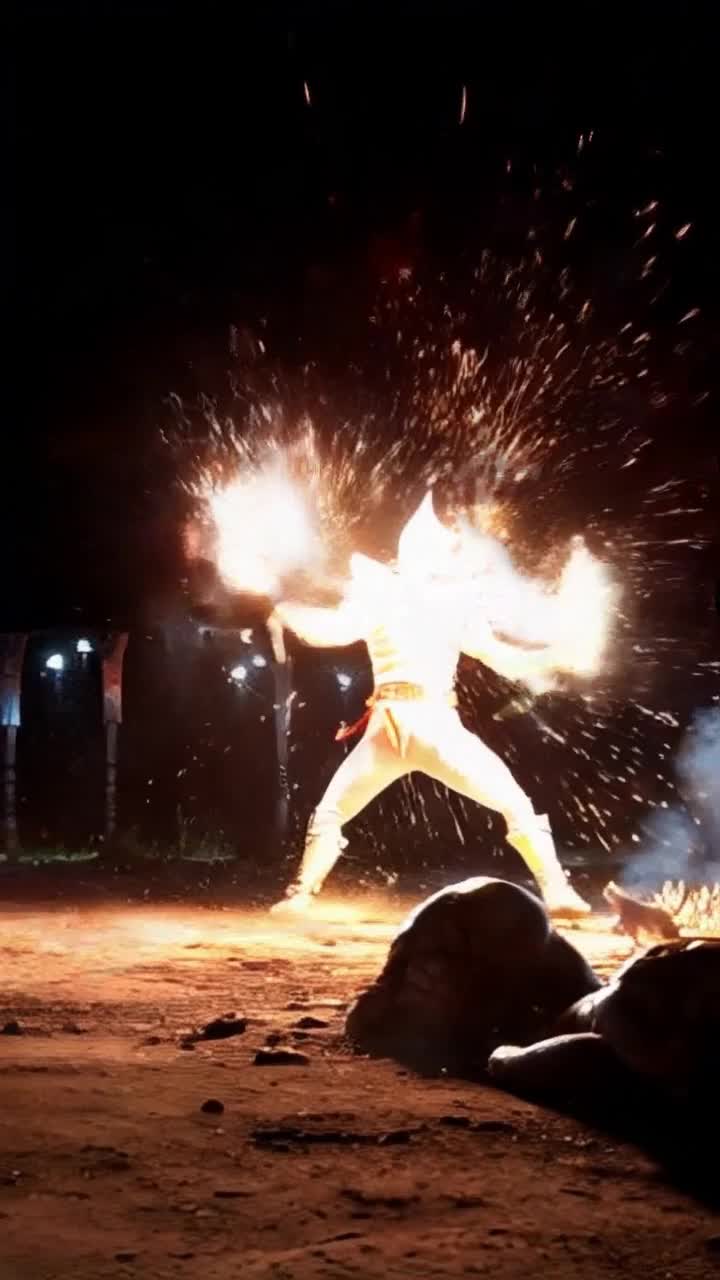 Radiant warrior wielding vibrant energy pulsates with power, unleashing a cataclysmic wave that surges forward, crashing against a horde of menacing demons. Dark figures falter as brilliant light floods the battlefield, illuminating shadows with fierce brilliance. Explosive collisions create dazzling bursts of color amidst swirling smoke and debris. Tension rises as the ground trembles, echoing with the battle's chaos, vibrant aura swirling around the warrior like an ethereal shield. Unyielding determination glimmers in the warrior's eyes, heralding a dramatic shift in fate. War cries of demons mingle with the triumphant roar of light