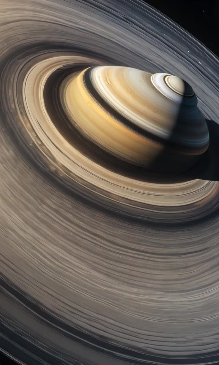 Wide shot  Space, Slow ZoomIn, High Contrast Lighting Exodus1 glides through the darkness, Saturns rings glowing behind it A slow, hypnotic pan establishes the vast emptiness of space