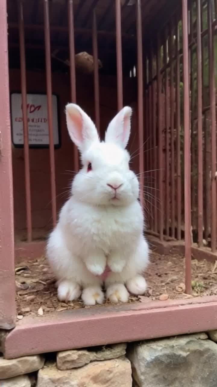Plushy rabbit in a zoo behind bars with dangerous animal sign