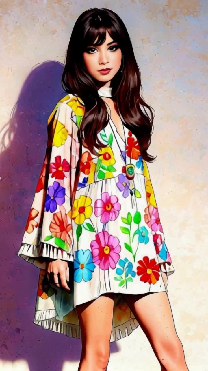 Graceful bohemian woman adorned in flowing floral dress bright white boots accentuating her style twirls playfully through sunlit meadow vibrant wildflowers swaying around her gentle breeze rustling leaves blue sky overhead soft golden rays illuminating her joyful expression butterflies dancing nearby capturing the enchanting moment wild colors creating a picturesque landscape amplifying her freespirited essence