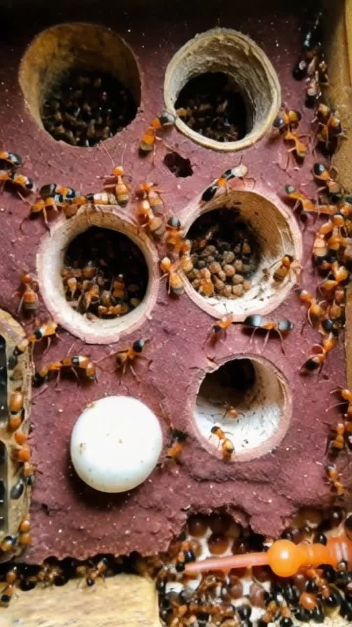  Ant Colony Life Crosssection view of an underground ant colony with interconnected chambers Worker ants stream along tunnels carrying food and materials In one chamber, the large queen lays eggs while attendants groom her Nearby, nurse ants tend to squirming larvae while soldiers with massive jaws guard entrances Workers sort seeds and insect parts in storage rooms Ants communicate through quick antenna touches, coordinating perfectly The colony bustles with organized activity as thousands of tiny bodies work together as one superorganism Camera slowly pulls back to reveal the impressive scale of this miniature city beneath the soil