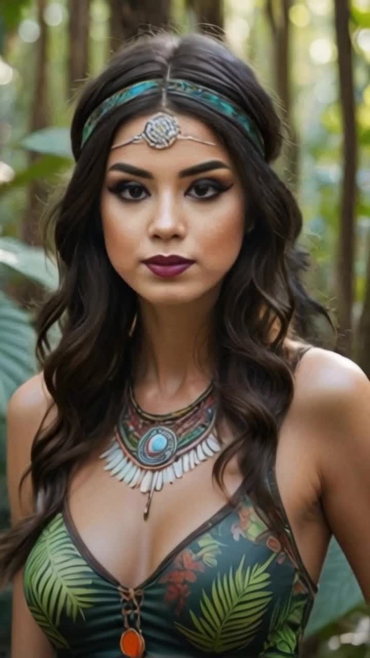 Enchanting bohemian woman adorned in flowing, vibrant fabrics, earthy jewelry, cascading waves of hair, surrounded by lush green foliage and colorful exotic flowers, gracefully dancing among towering ancient trees, sunlight filtering through thick leaves, creating a warm dappled glow, vibrant butterflies flitting around, serene birdsong filling the air, the essence of nature enveloping her as she twirls and spins, lost in the rhythm of the jungles heartbeat, a magical scene unfolding in this vibrant tropical paradise