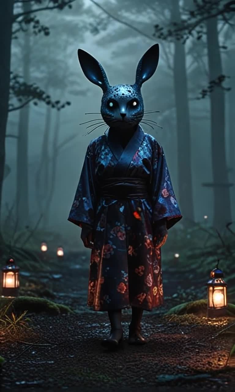 Elegant woman with dark hair adorned in an intricately styled traditional kimono features whimsical eerie designs intertwining florals with dark tones glides gracefully through a surreal forest oversized cherry blossoms loom above twisted trees sway gently floating lanterns cast a soft glow dim lighting enhances high contrast creating a moody atmospheric scene infused with vintage 1980s cinematic nostalgia film grain dances across muted colors mystical ambiance envelops her whimsical presence wrapped in shadows hints of magic fill the air whispering dark secrets throughout the enchanted grove