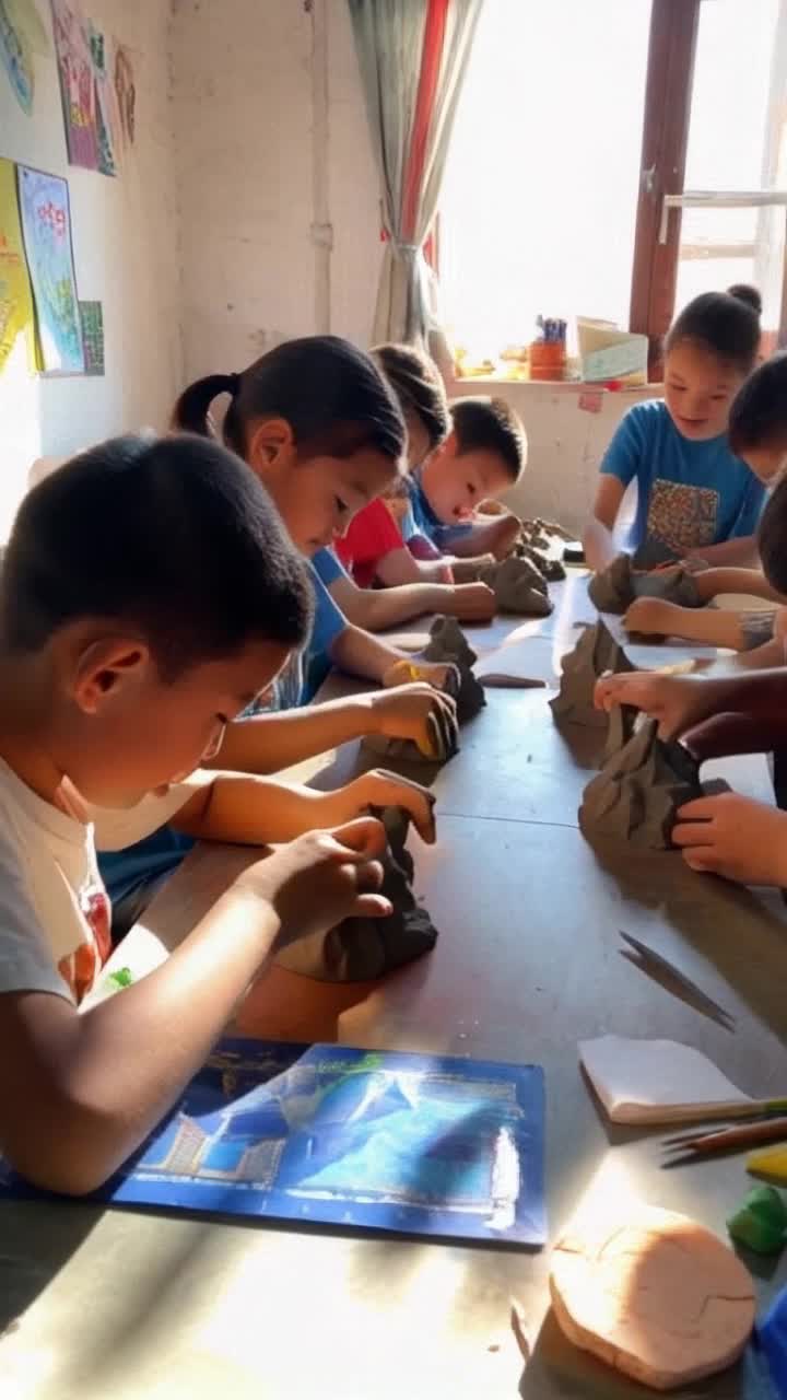 Group of enthusiastic students sculpting intricate geometric shapes with vibrant clay fingers skillfully molding bright hues into artistic creations classroom filled with colorful posters, sunlight streaming through large windows, laughter echoing off the walls, desks cluttered with art supplies, a sense of creativity swirling in the air