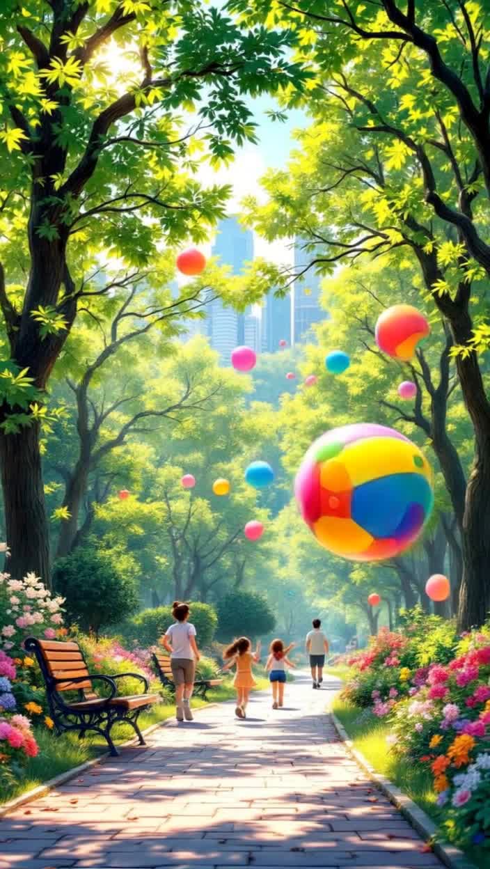 Colorful rubber ball bounces energetically through vibrant urban park Children watch in awe laughter echoing through sundrenched trees Filled with lush greenery flowers sway gently in warm breeze as sunlight filters through swaying branches Scenic path lined with cheerful joggers charming benches inviting passersby to rest