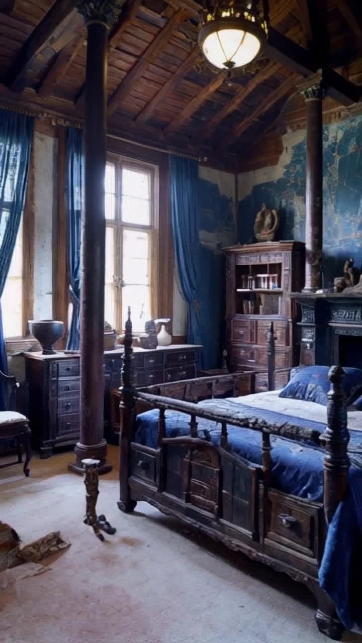  A replendant ancient English bedroom with beautiful wooden panneled walls and dusty crumbling wall hangings of predominantly blueThere is a huge wooden tall four poster bed with rotting  blue brocade fabric on the bed and on the bed frame,  a huge black  marble fireplace mantle with columns, there are ornate wooden carved dressers topped with marble and ornate wooden cabinets and shelves with antique books, there are sculptures and pictures , and such details as large ceramic pitchers and bowls, chamber pots, a huge lovely antique wooden armoire dominates the room The windows are tall with leaden panes and rotted once rich looking dark blue velvet draperies swaying