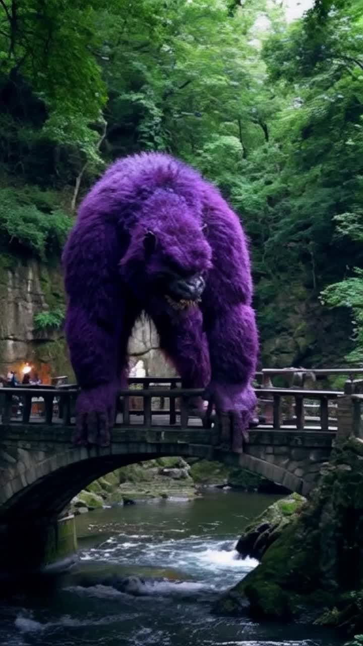 Giant purple troll with wild hair towering above vibrant stone bridge Guarding with fierce determination as it glares down at unsuspecting travelers Sparkling river flows beneath casting reflections of sunlight on lush green banks Enchanted forest looms in the background filled with mystical creatures and flickering lights