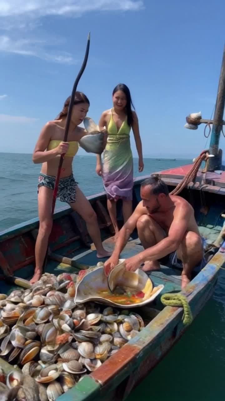 Ares, armored god of war, is stealing clams from a fishing boat as Artemis bows arrows at him  Suddenly, a giant colorful clam rises up from the deep, to open revealing Aphrodite, looking menacing at having a nap disrupted Ares slinks away, embarrassed that no one pays him tribute anymore to afford buying seafood