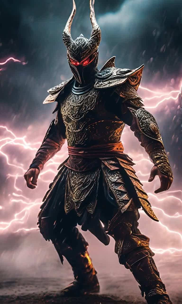 Vibrant warrior adorned in intricate armor radiating shimmering light Intense energy pulses around him channeling ancient martial arts into fluid graceful movements Dreadful dark demons with shadowy forms looming ominously on a chaotic battleground surrounded by swirling mist and flashes of lightning illuminating the night sky
